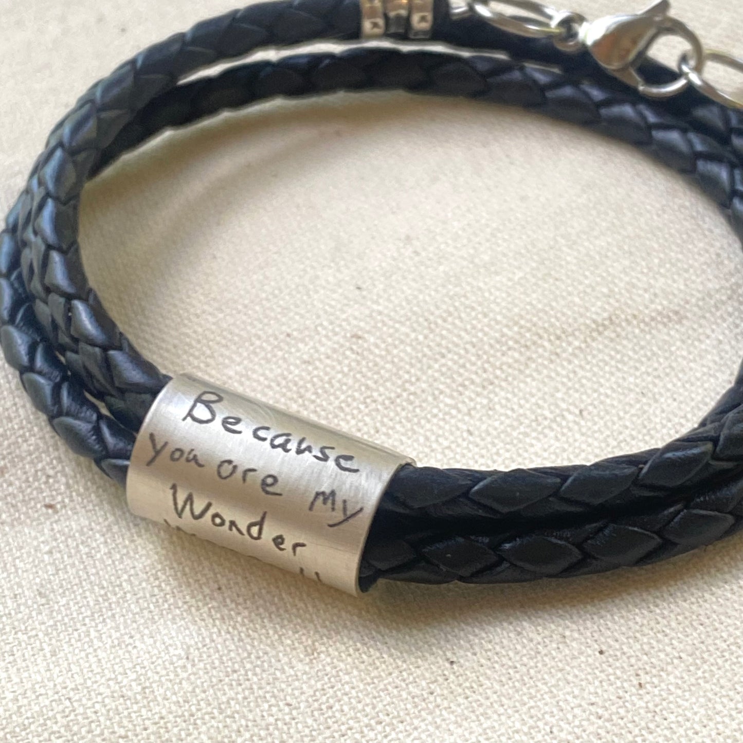 Actual handwriting bracelet - personalized with handwriting engraved on sterling silver charm on triple wrapped braided leather bracelet - artisan custom bracelet for women or men