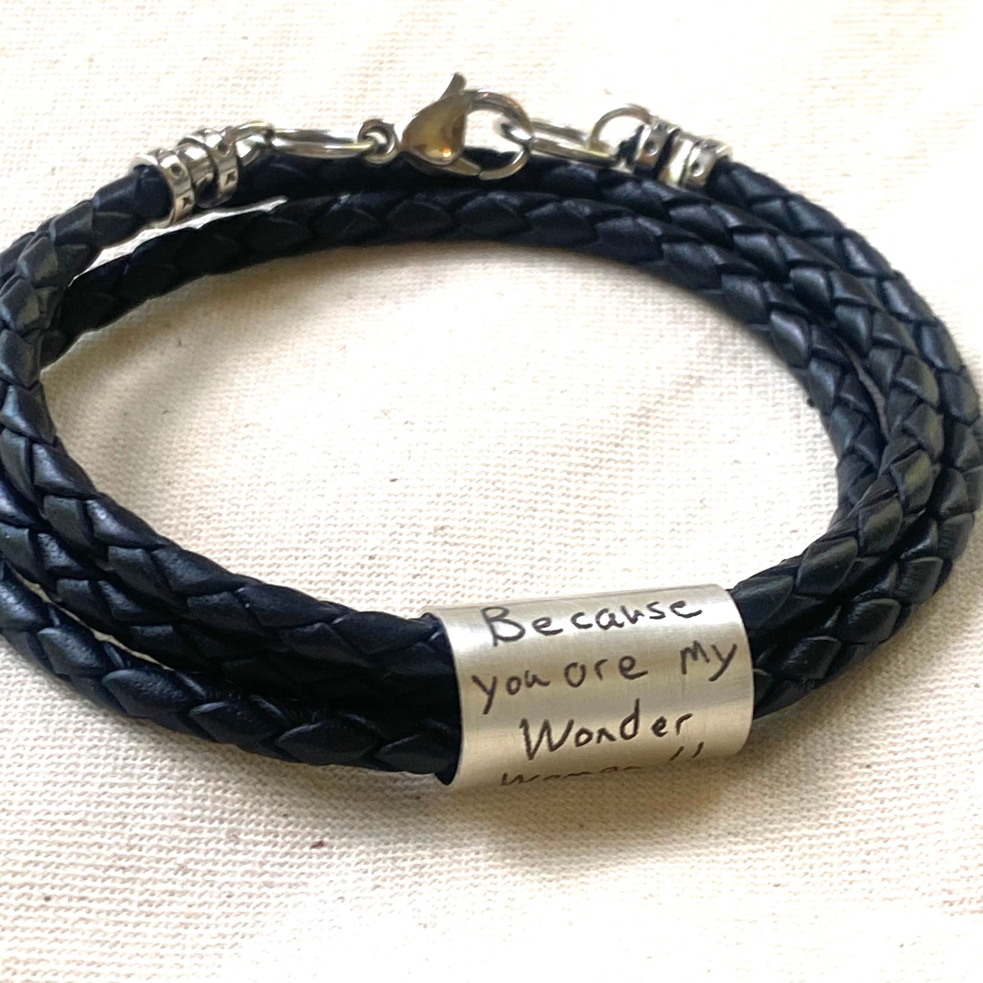 Actual handwriting bracelet - personalized with handwriting engraved on sterling silver charm on triple wrapped braided leather bracelet - artisan custom bracelet for women or men