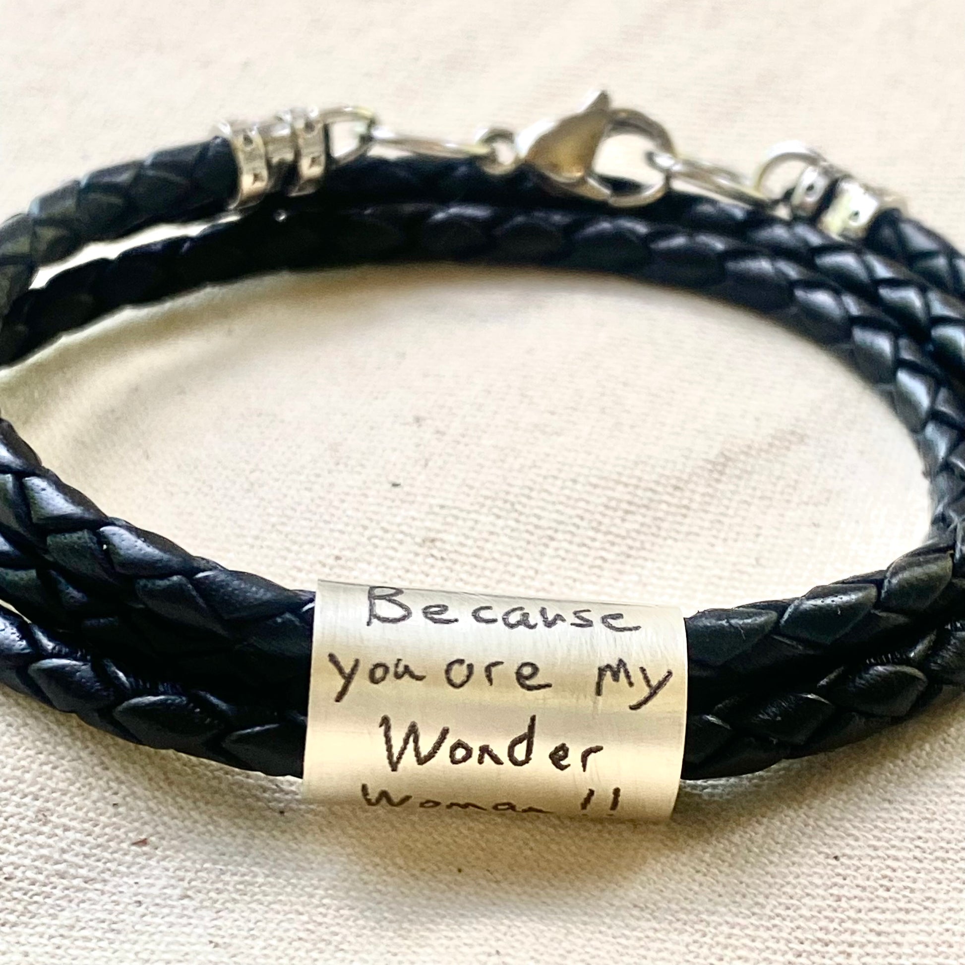 Actual handwriting bracelet - personalized with handwriting engraved on sterling silver charm on triple wrapped braided leather bracelet - artisan custom bracelet for women or men