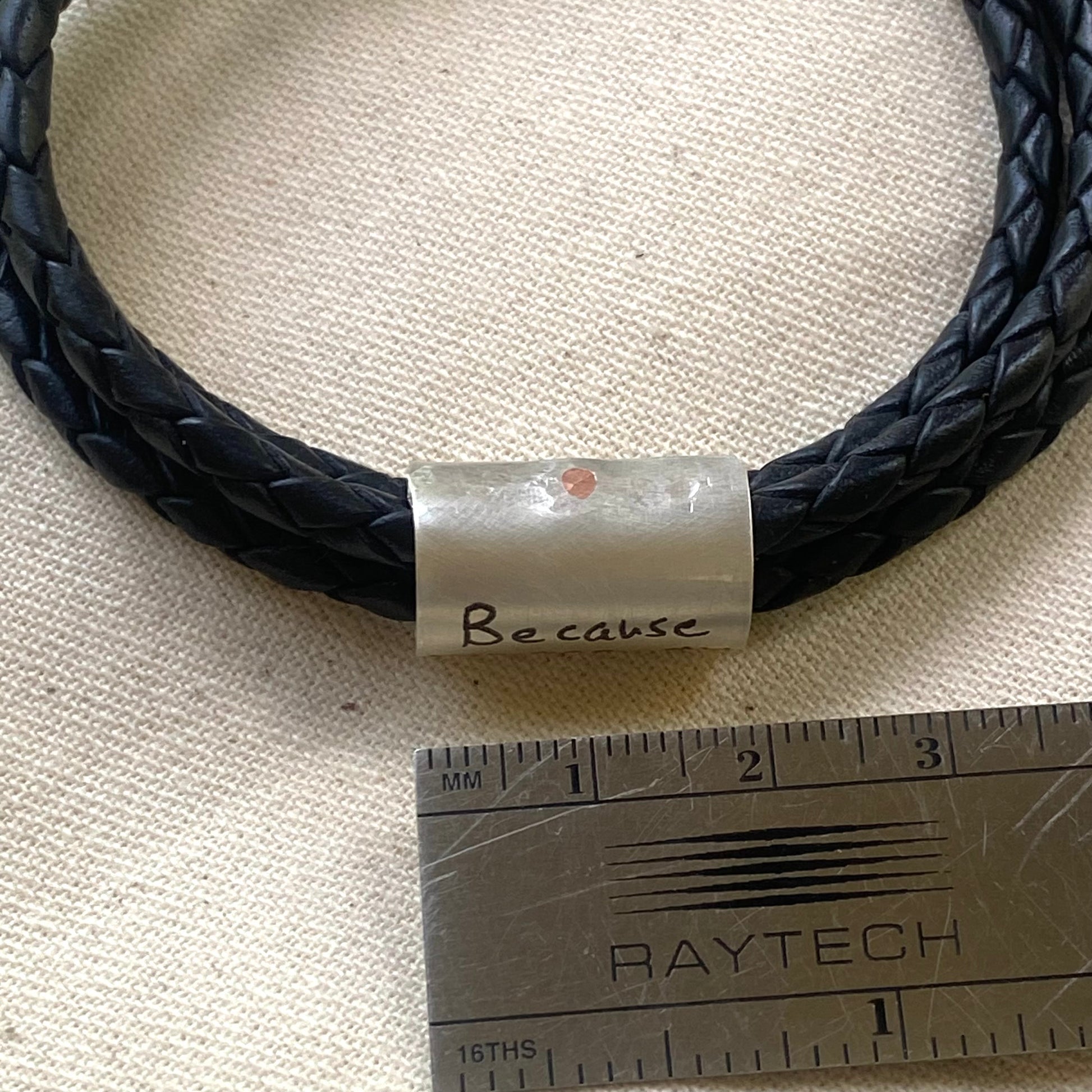 Actual handwriting bracelet - personalized with handwriting engraved on sterling silver charm on triple wrapped braided leather bracelet - artisan custom bracelet for women or men