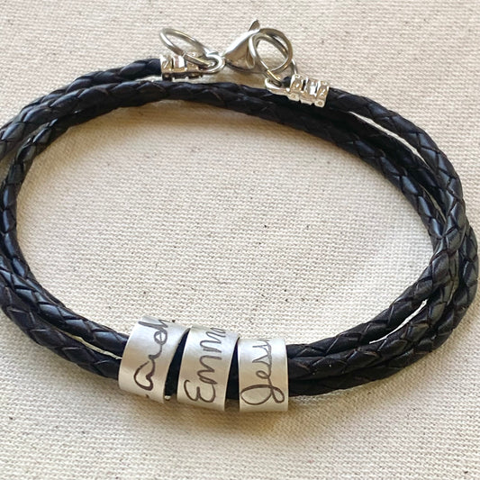 personalized actual handwriting bracelet. custo handwriting engraved on sterling silver riveted pendant on triple wrapped braided leather - drake designs jewelry