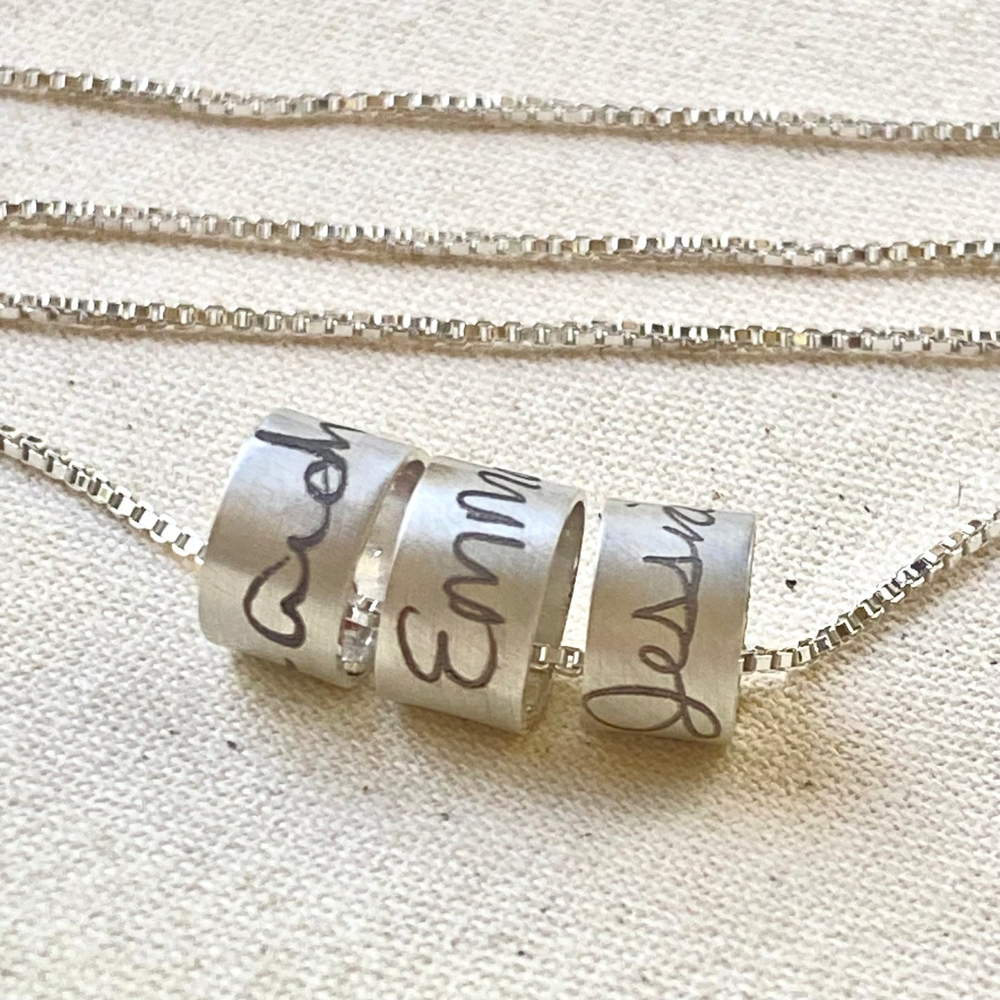 Actual handwriting necklace with engraved handwriting on bead charm solid sterling silver and hand riveted - drake designs jewelry
