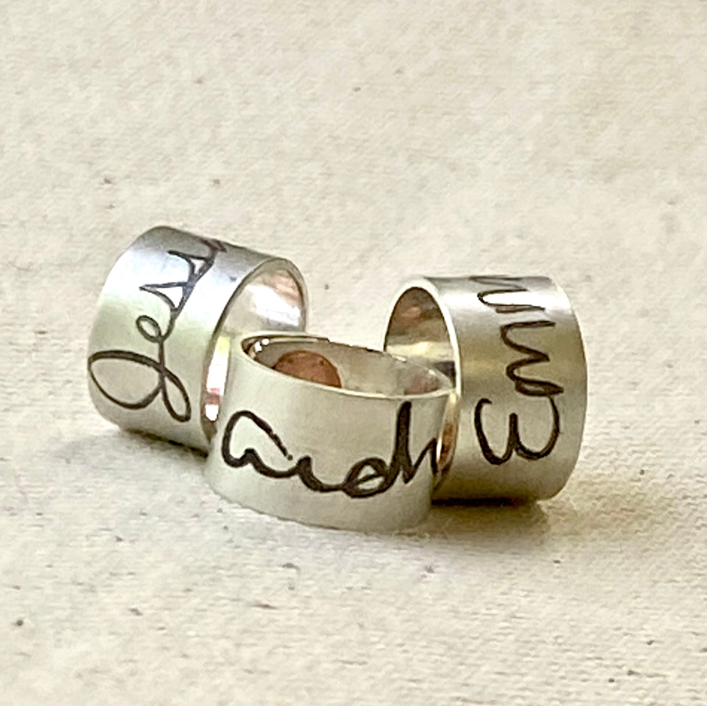 Custom handwriting sterling silver bead charm engraved with actual handwritten name or word. - Drake Designs Jewelry