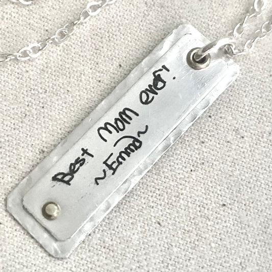Actual Handwriting Pendant Necklace Engraved with loved ones handwriting hand crafted from solid sterling silver - artisan made by hand with Golden Brass rivet Accents - Drake Designs Jewelry