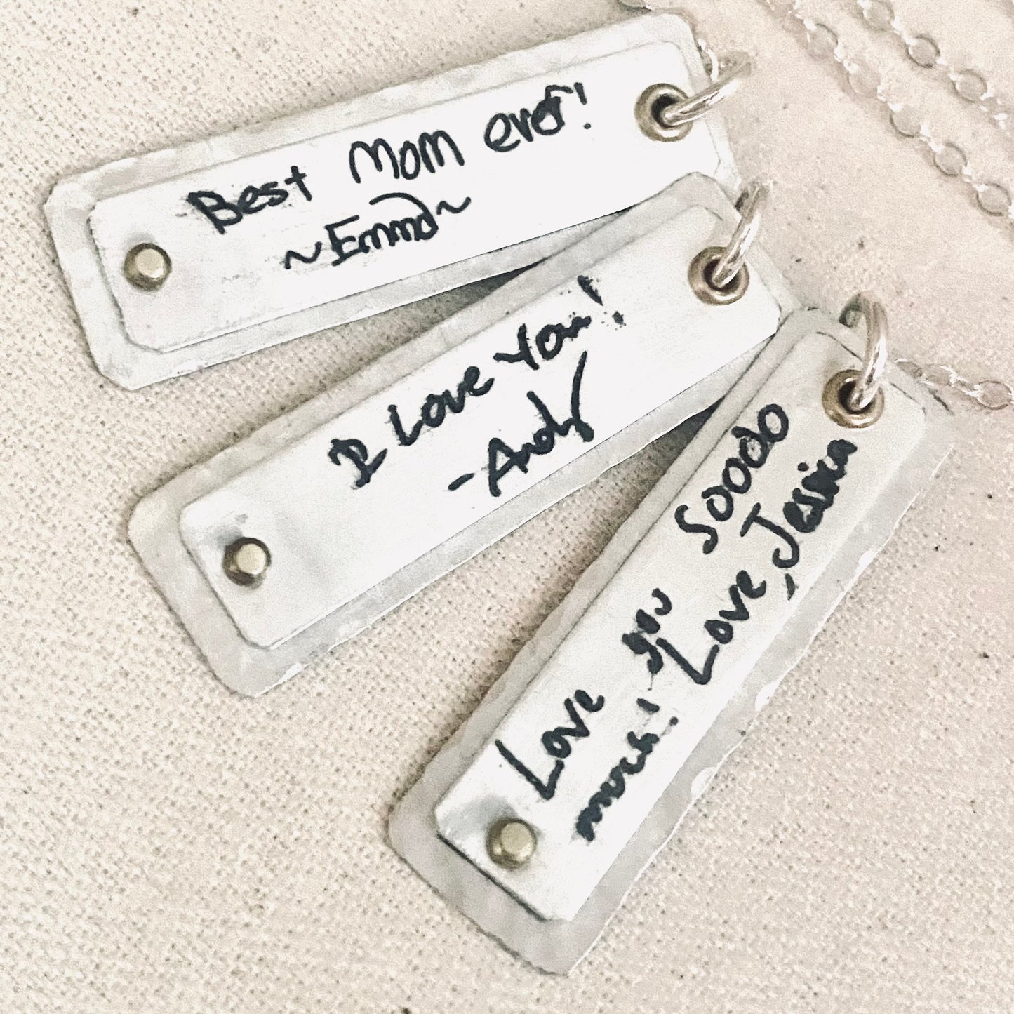 solid Sterling Silver Actual Handwriting Pendant Necklace Engraved with loved ones handwriting Personalized with with Golden Brass Accents - Drake Designs Jewelry