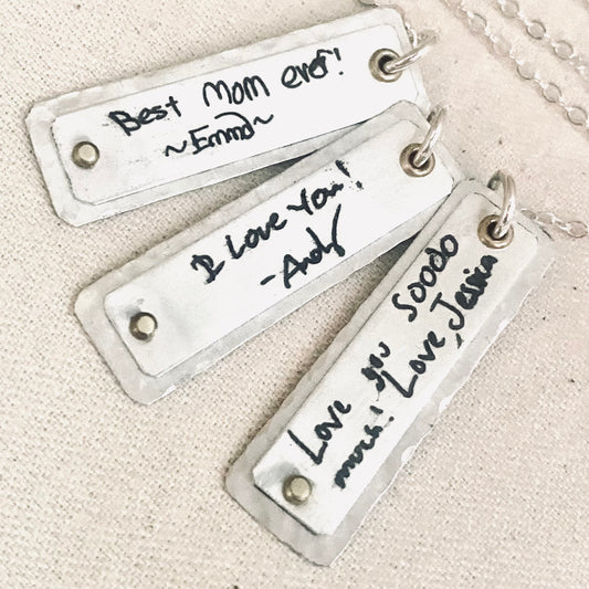 solid Sterling Silver Actual Handwriting Pendant Necklace Engraved with loved ones handwriting Personalized with with Golden Brass Accents - Drake Designs Jewelry