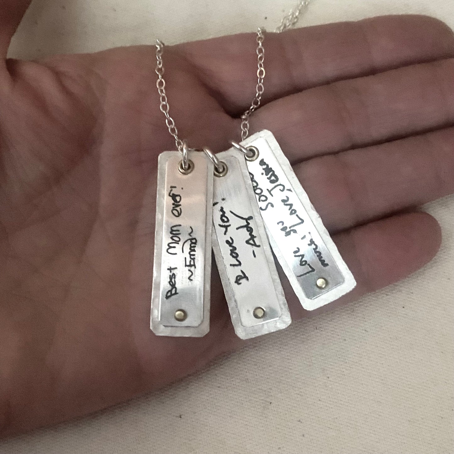 Actual Handwriting Necklace Engraved with loved ones handwriting -sterling silver -  with Golden Brass rivets and hammered texture- Drake Designs Jewelry