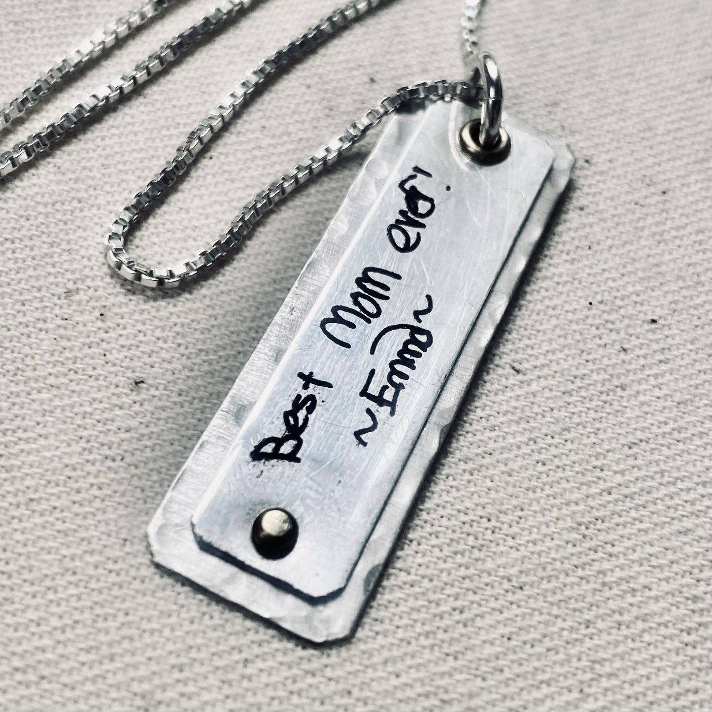 Actual Handwriting Pendant Necklace Engraved with loved ones handwriting hand crafted from solid sterling silver - artisan made by hand with Golden Brass rivets and hammered texture- Drake Designs Jewelry