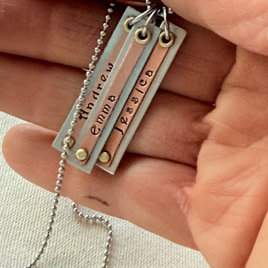 Silver copper and gold mom bar necklace with riveted layers - drake designs jewelry