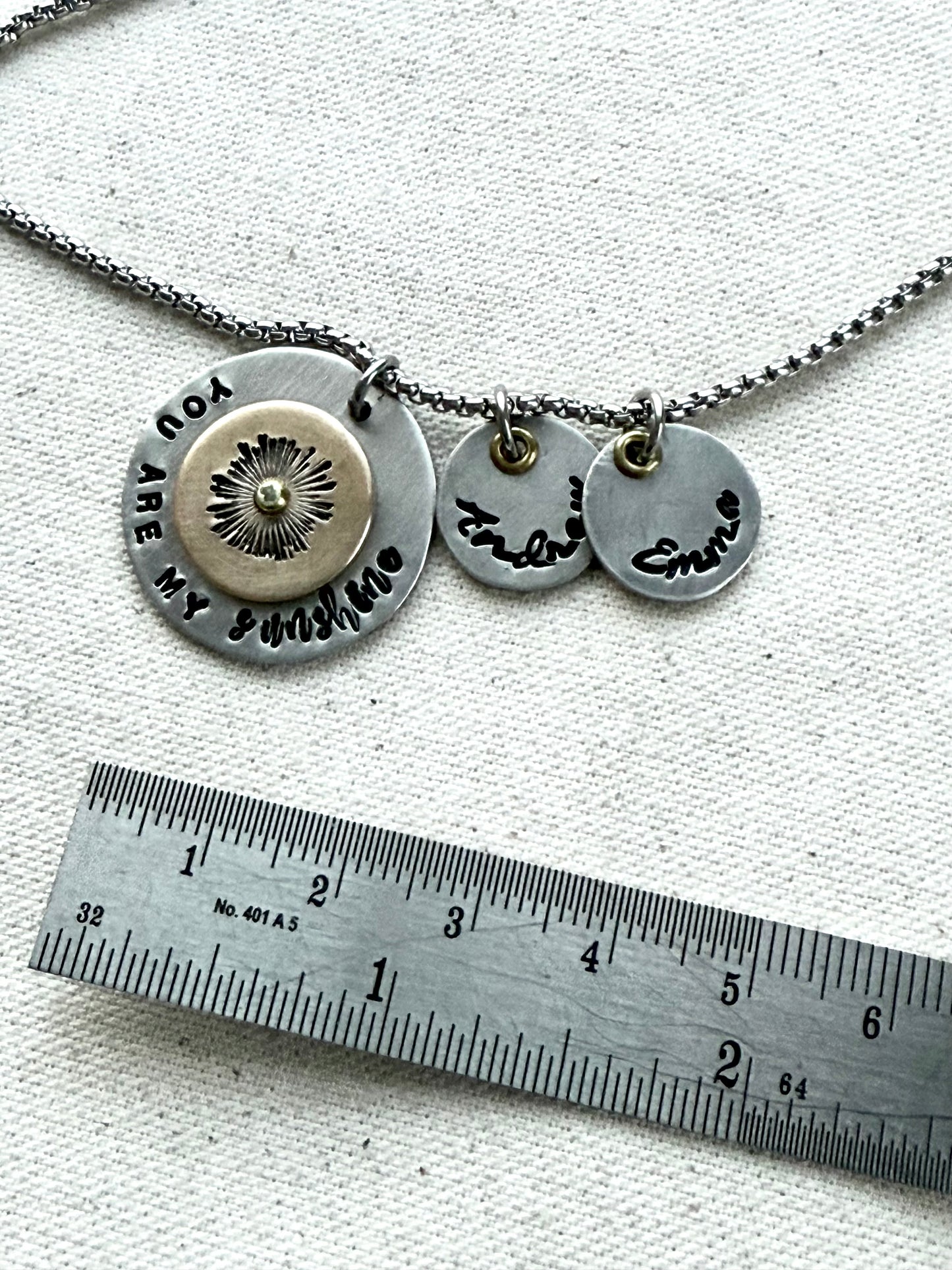 You are my Sunshine Mom Necklace with Kids name charms - silver and gold charms hand riveted and stamped - Drake designs jewelry