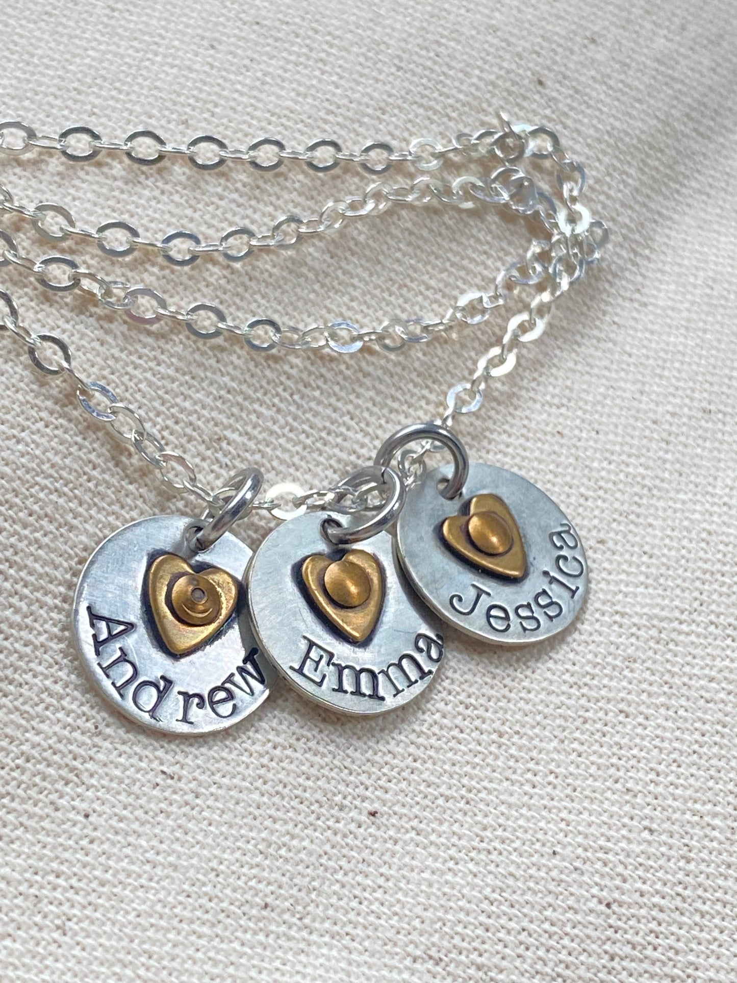 Sterling Silver Mom Necklace with Kids' Names and Golden brass Heart on Tiny Personalized Charms