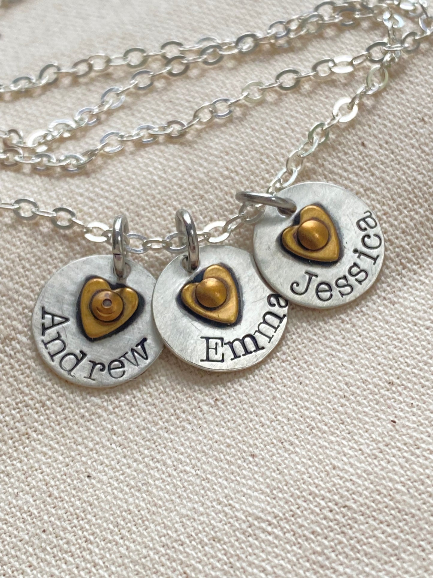 Sterling Silver Mom Necklace with Kids' Names and Golden brass Heart on Tiny Personalized Charms