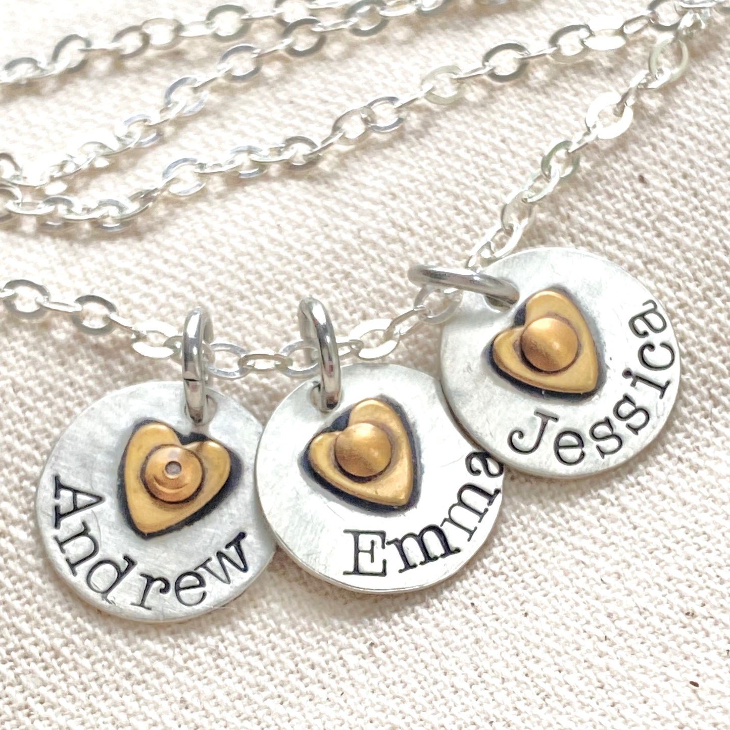 Sterling Silver Mom Necklace with Kids' Names and Golden brass Heart on Tiny Personalized Charms