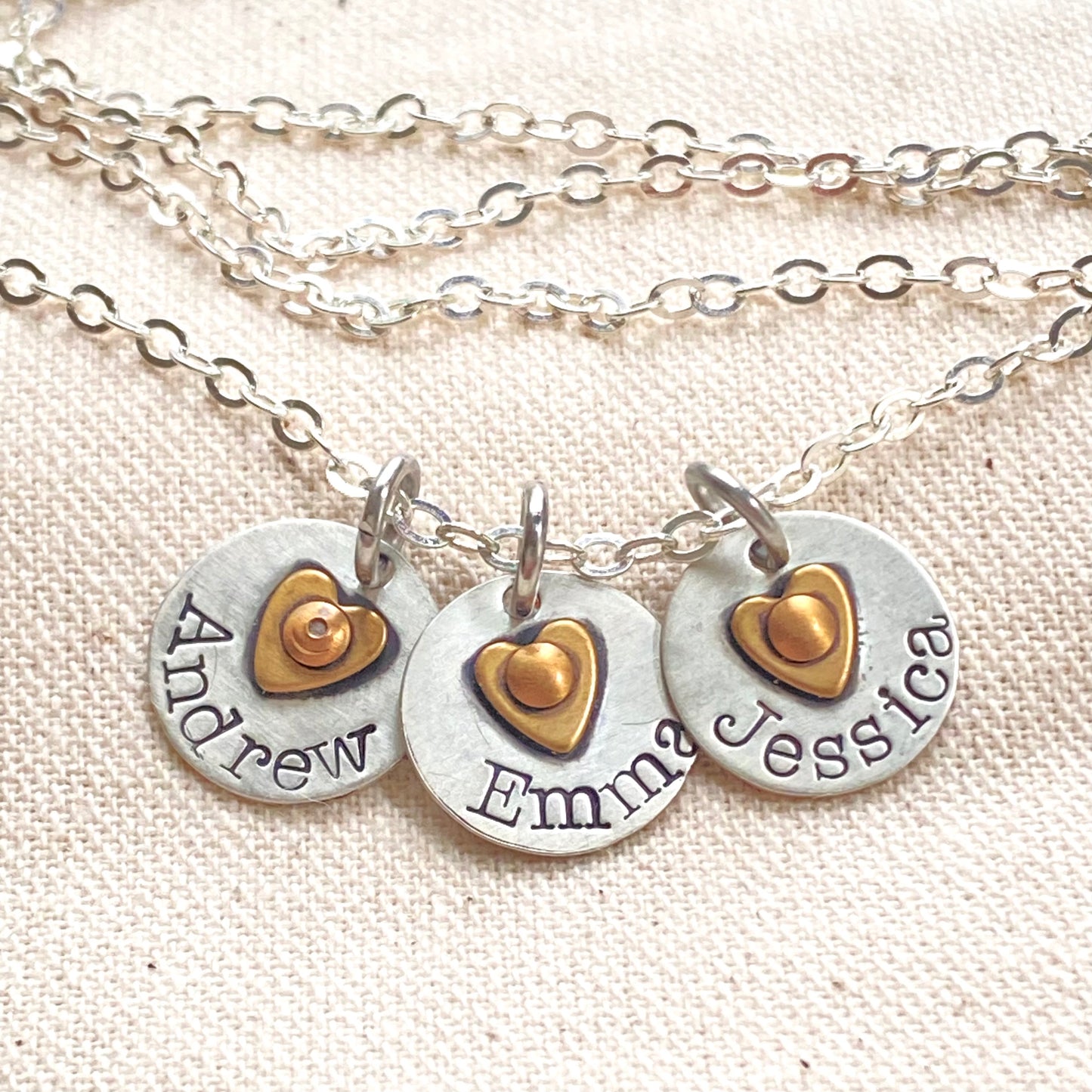 Sterling Silver Mom Necklace with Kids' Names and Golden brass Heart on Tiny Personalized Charms