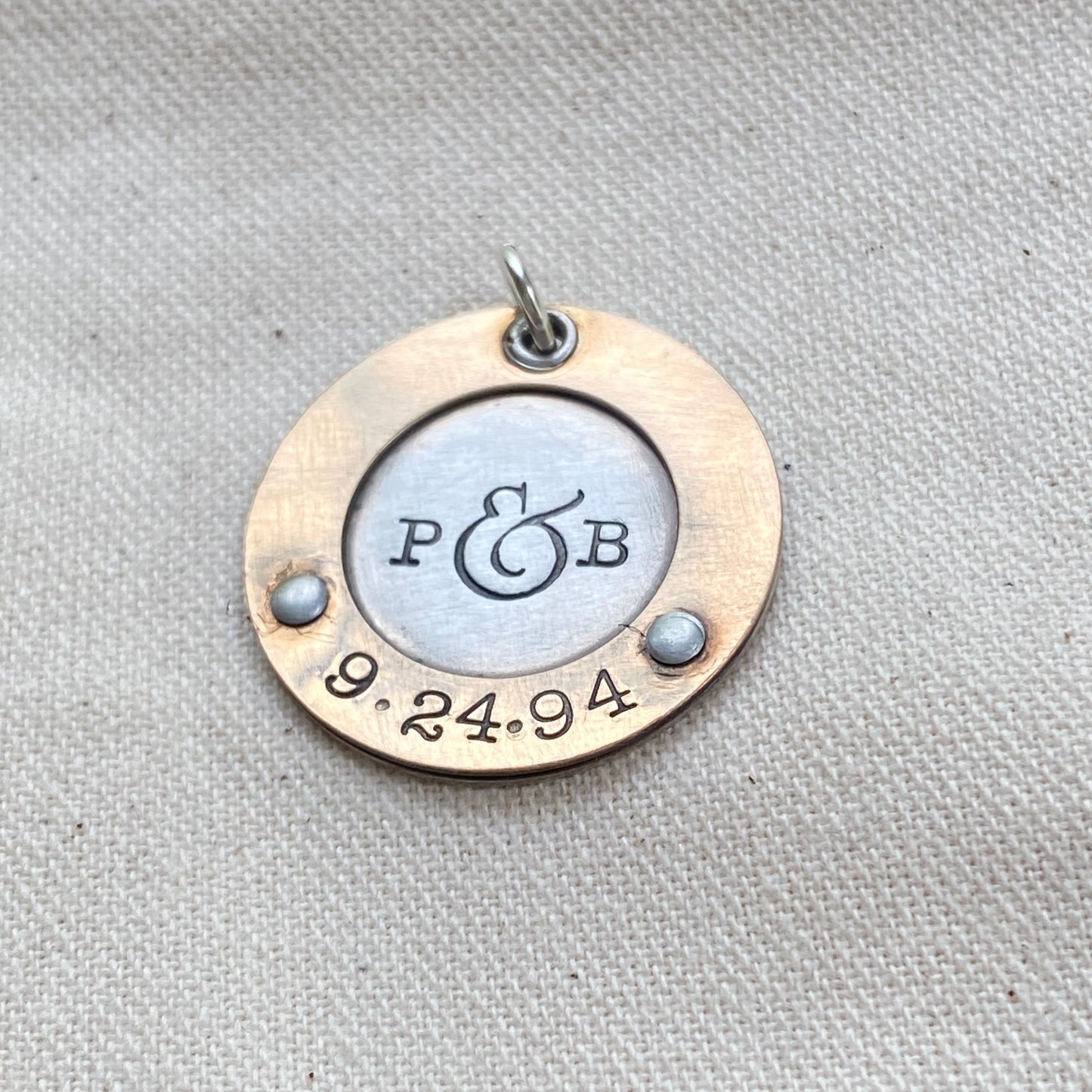 Personalized Mixed Metal Mom Necklace with Initials and Anniversary Date Hand Stamped - Gold and Silver