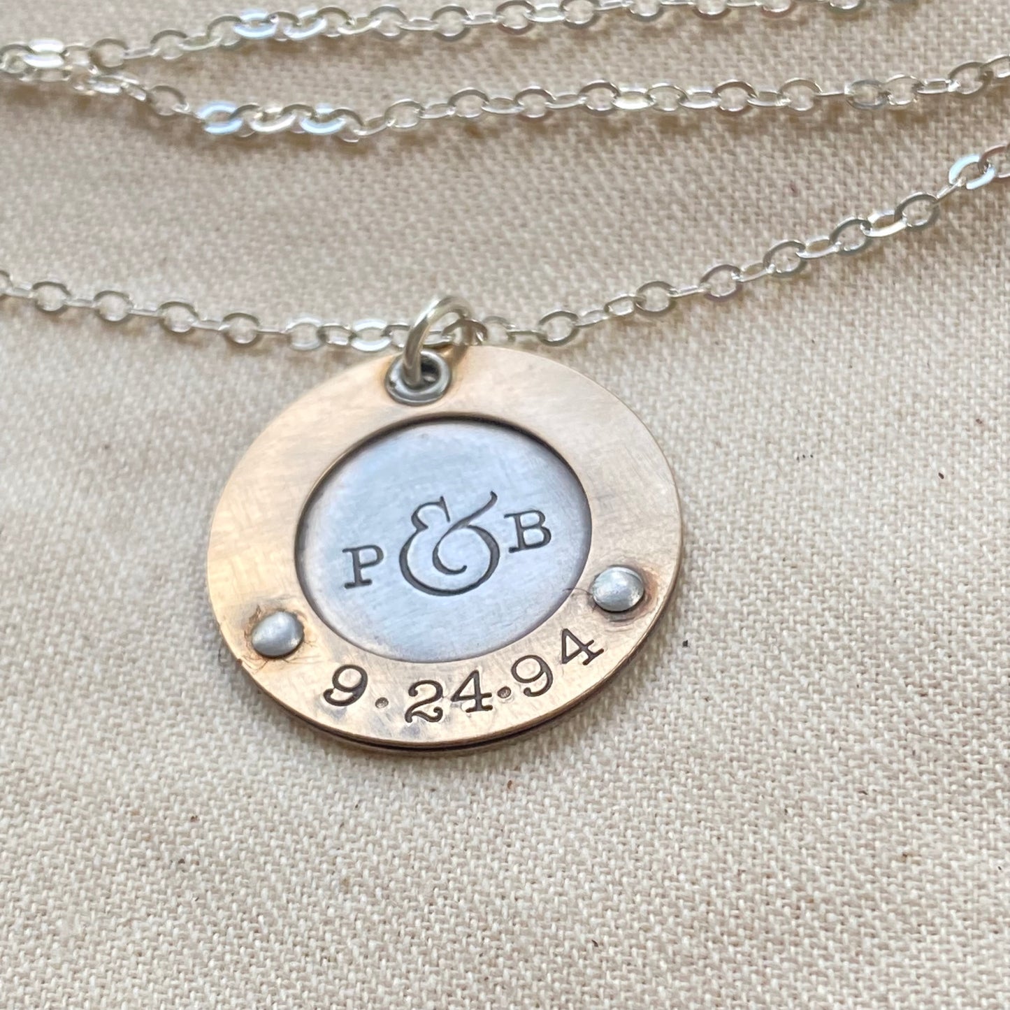 Personalized Mixed Metal Mom Necklace with Initials and Anniversary Date Hand Stamped - Gold and Silver
