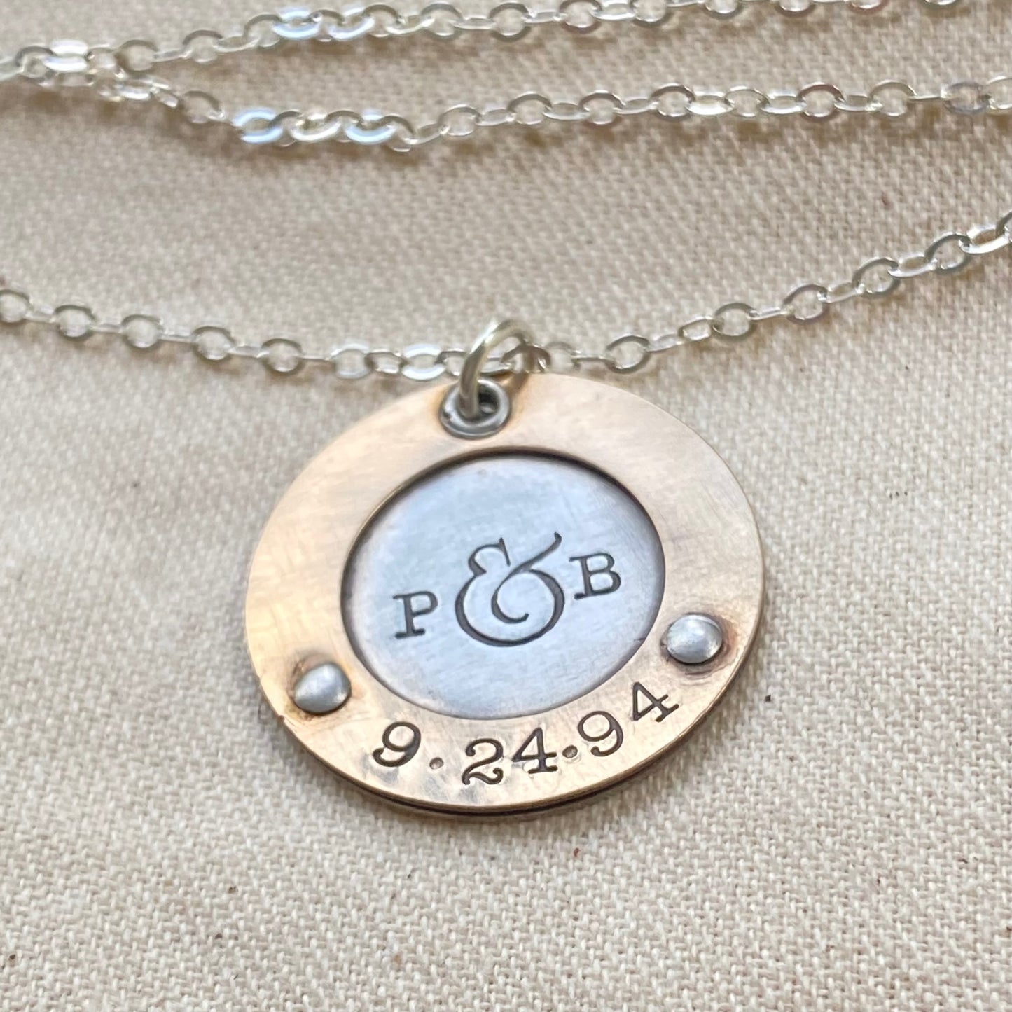 Personalized Mixed Metal Mom Necklace with Initials and Anniversary Date Hand Stamped - Gold and Silver