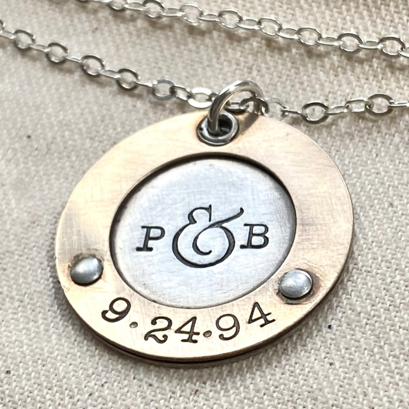Personalized mixed metal mom necklace with initials and anniversary date hand stamped - gold and silver