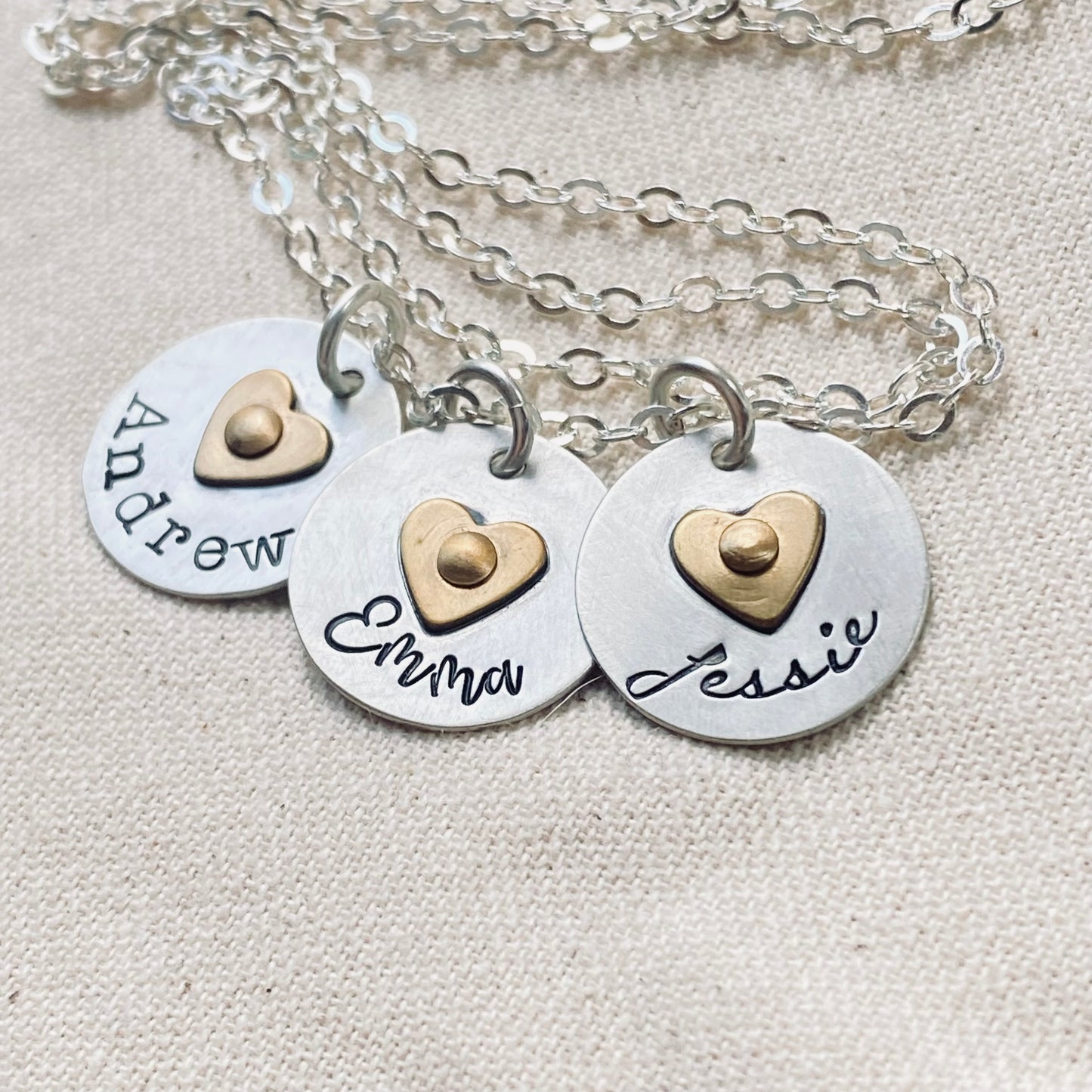 Sterling Silver mom Necklace with Kids Names and Golden Brass Heart