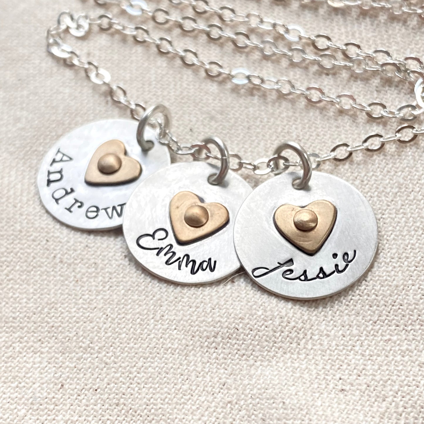 Sterling Silver mom Necklace with Kids Names and Golden Brass Heart
