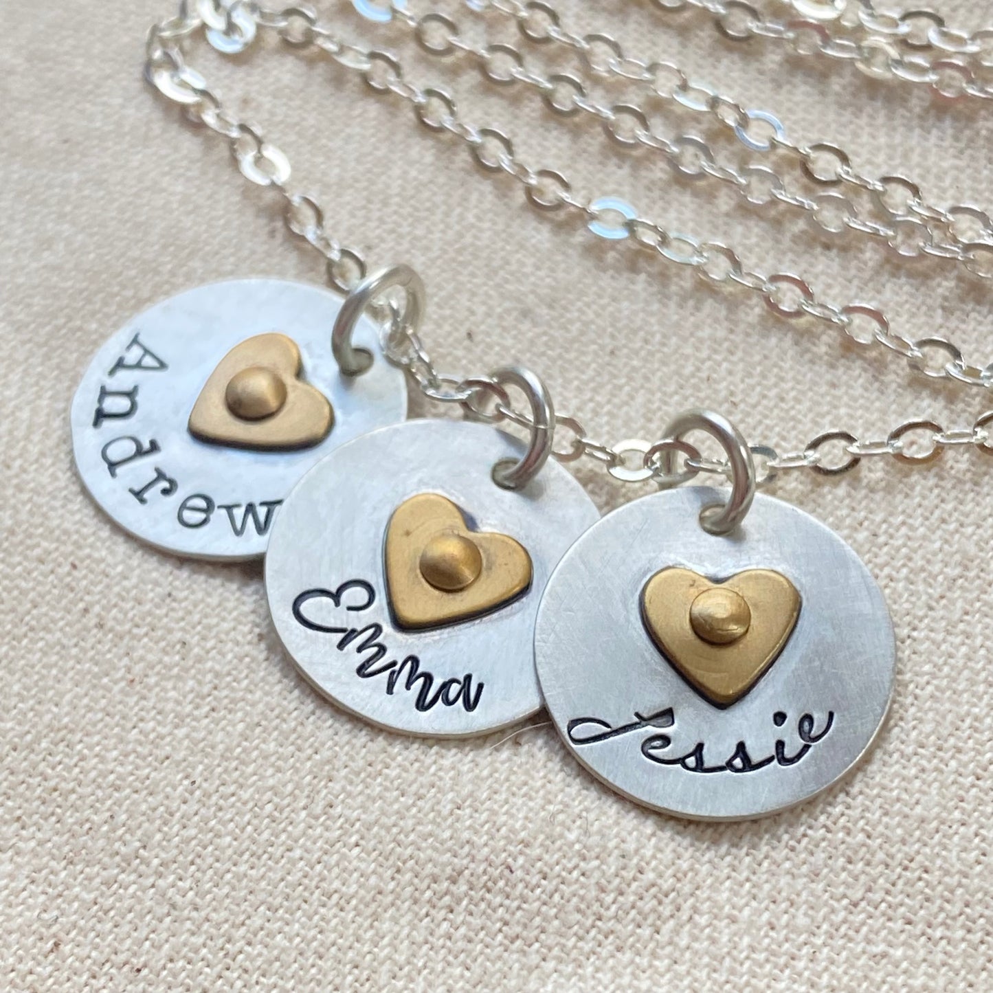 Sterling Silver mom Necklace with Kids Names and Golden Brass Heart