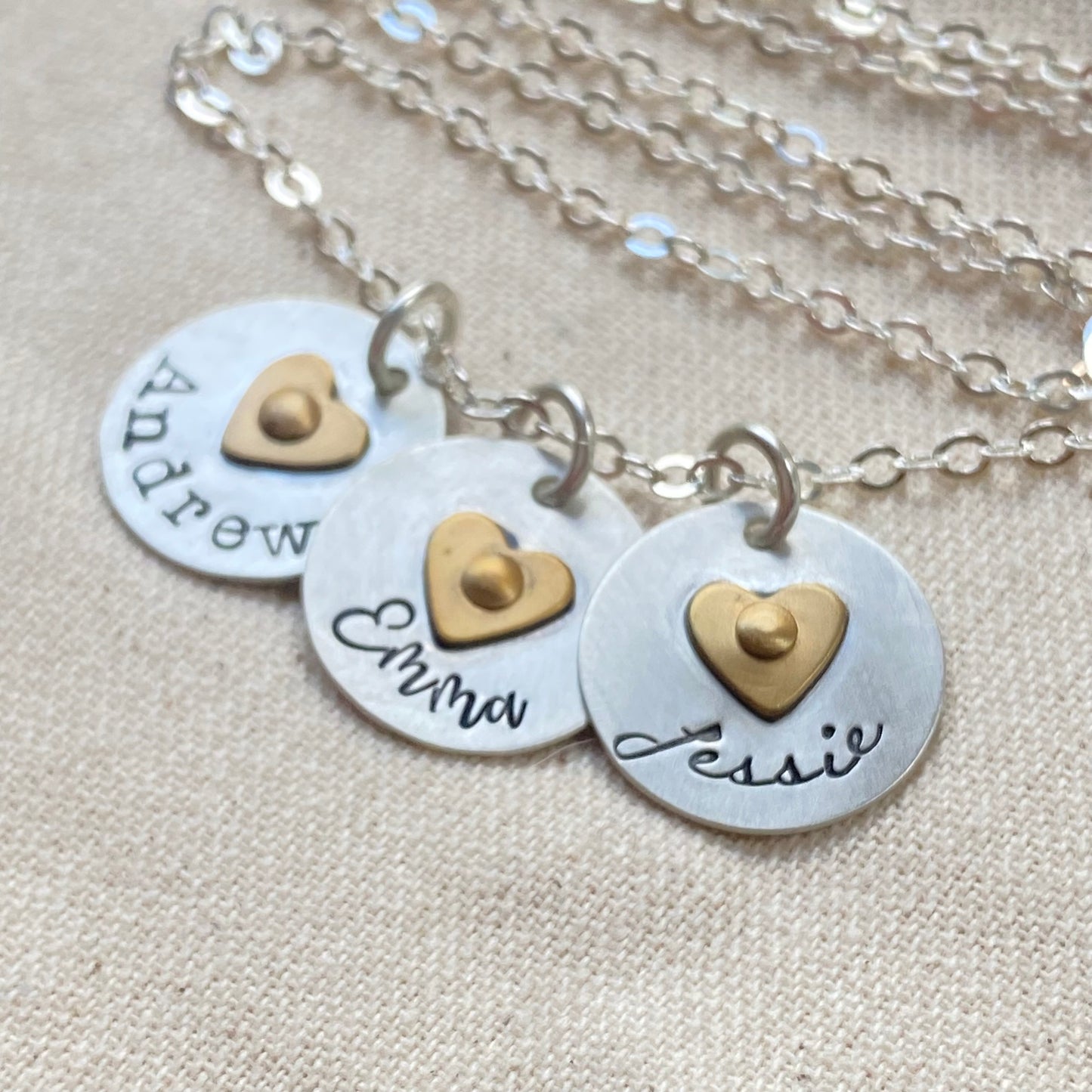 Sterling Silver mom Necklace with Kids Names and Golden Brass Heart