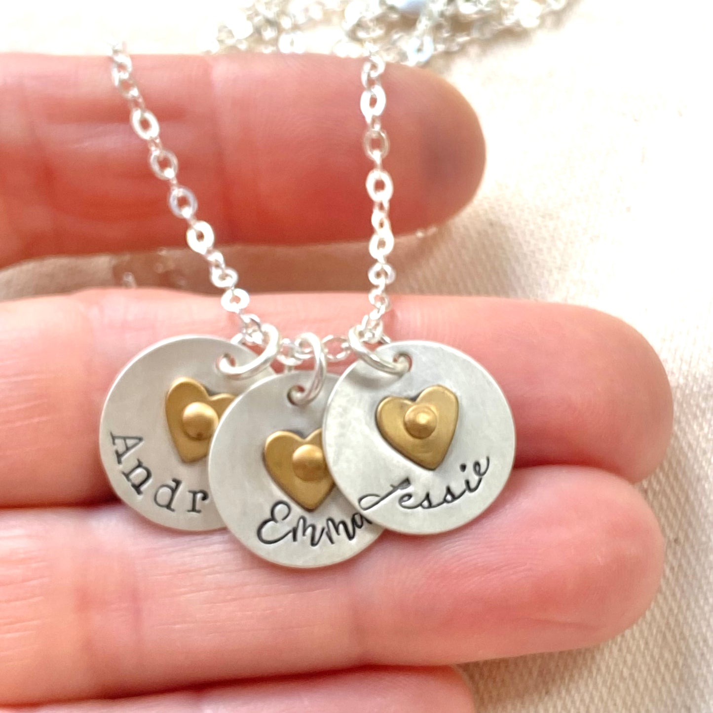 Sterling Silver mom Necklace with Kids Names and Golden Brass Heart