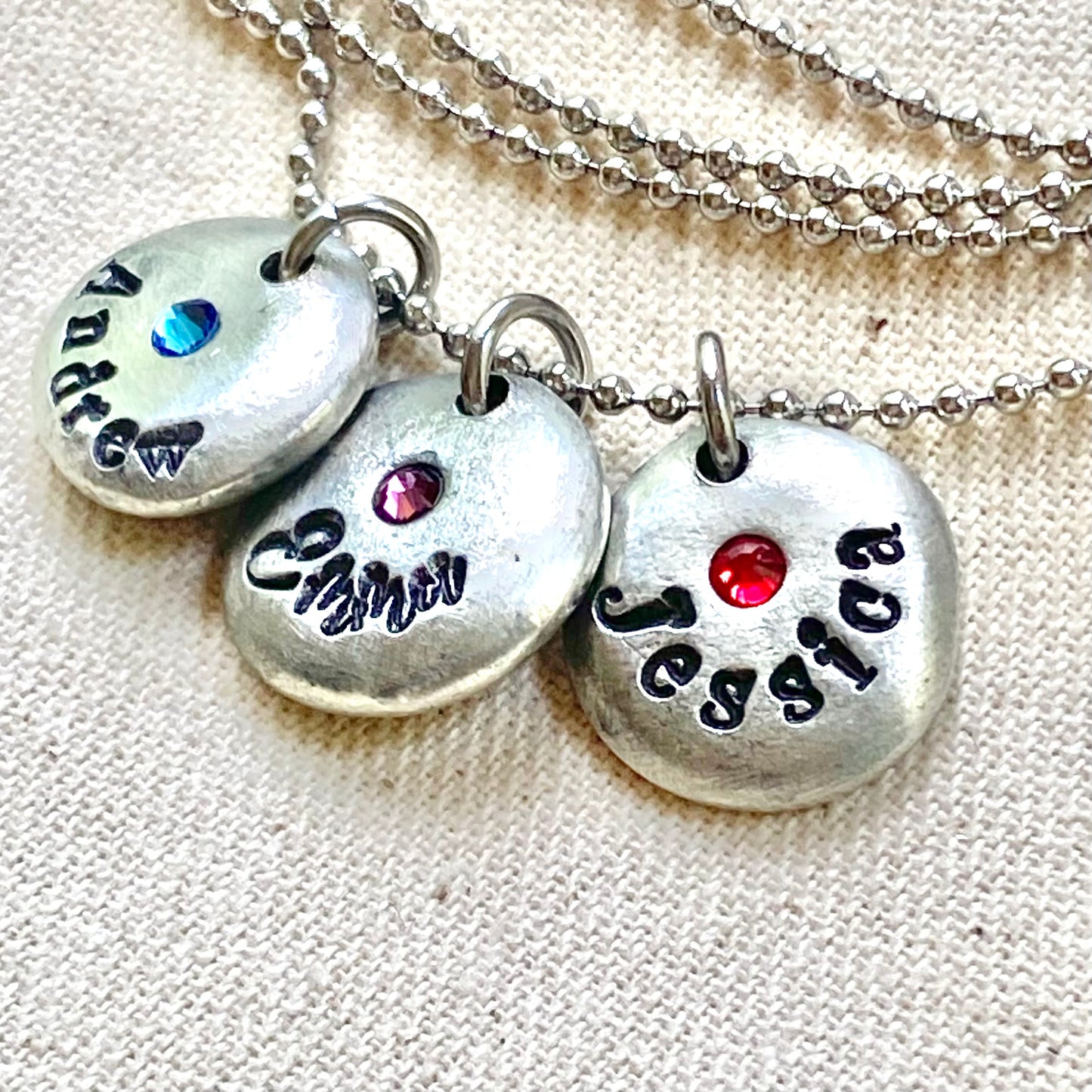 Personalized necklace with kids names and birthstones on pewter pebble charms- Drake Designs Jewelry
