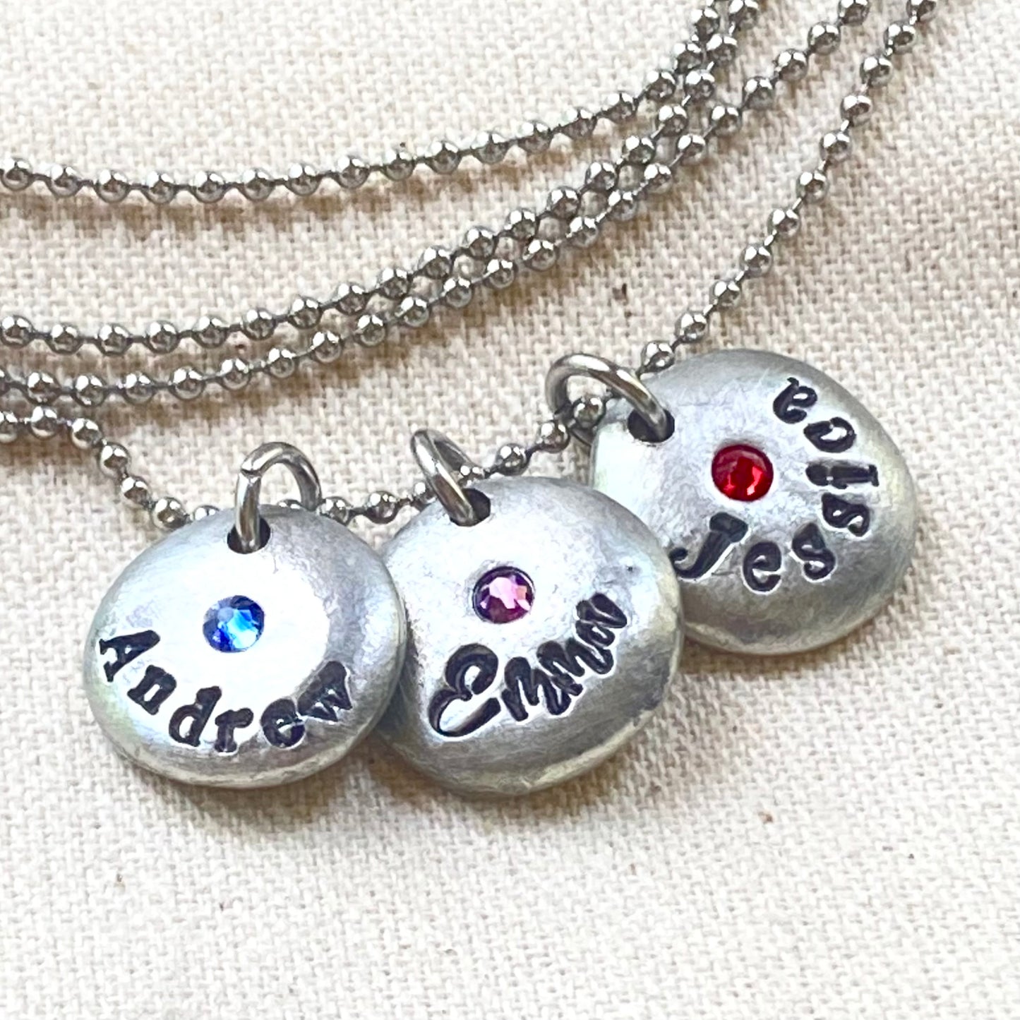 Pewter pebble name charms personalized on a necklace with names and birthstones - custom mom necklace - drake designs jewelry