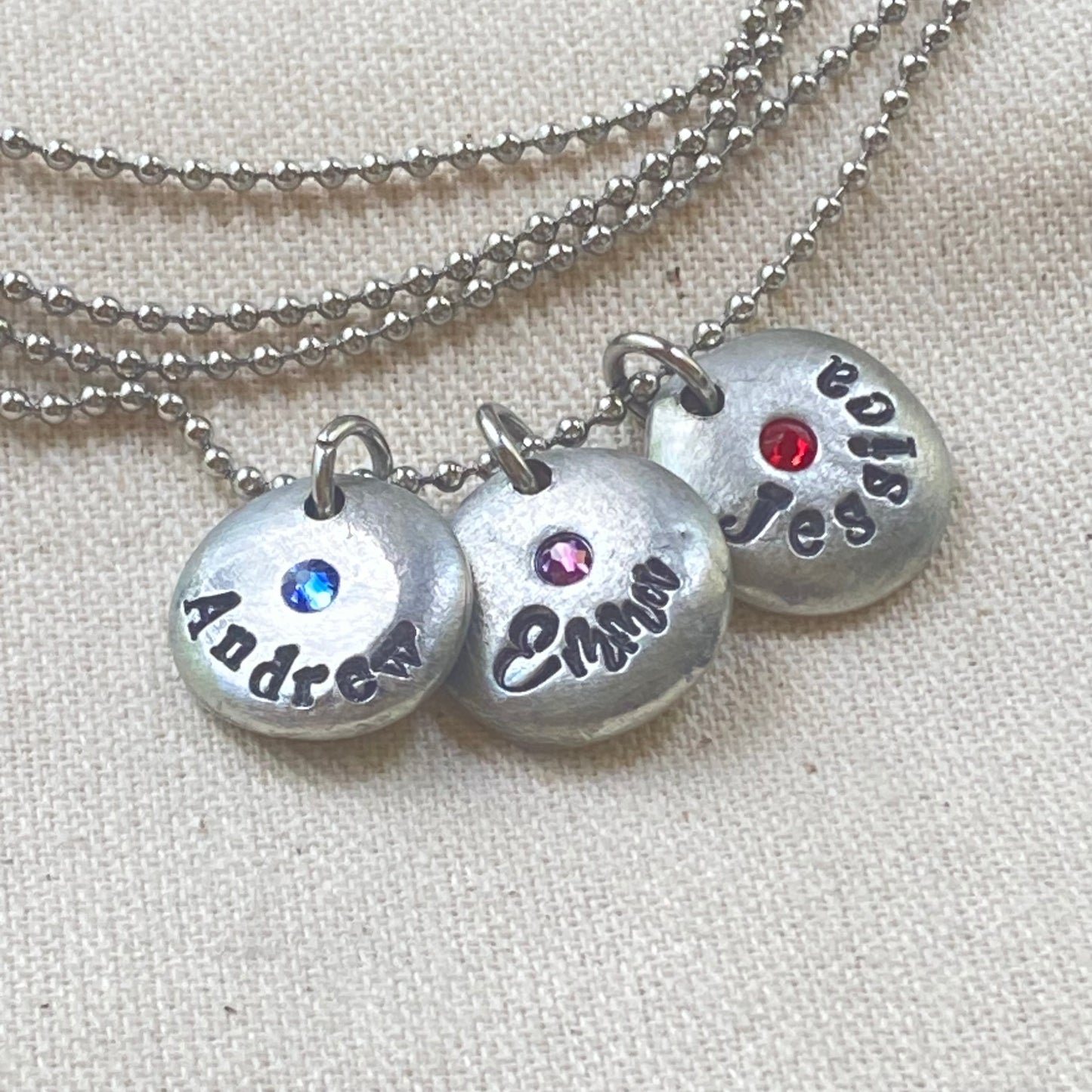 Personalized Necklace with Kids Names and Birthstones on Pewter Pebble Chsrms
