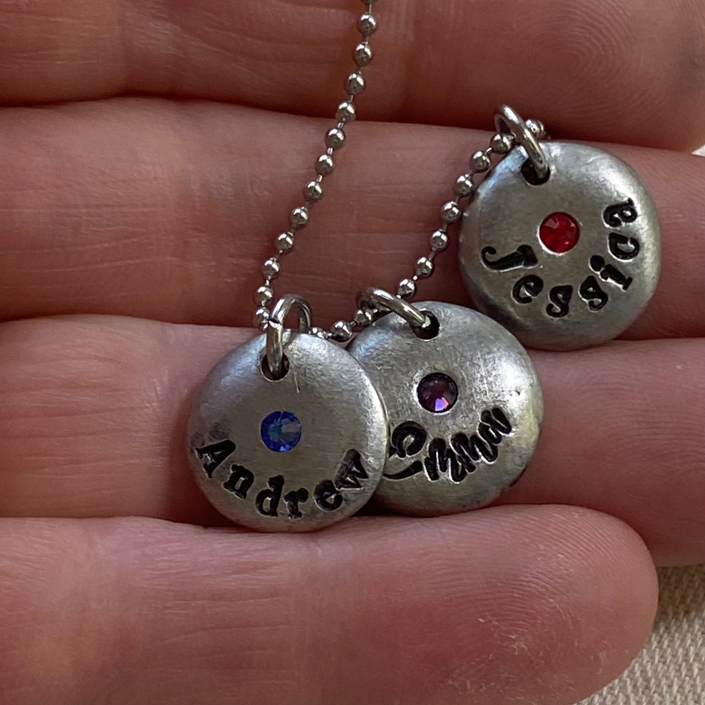 Personalized Necklace with Kids Names and Birthstones on Pewter Pebble Chsrms