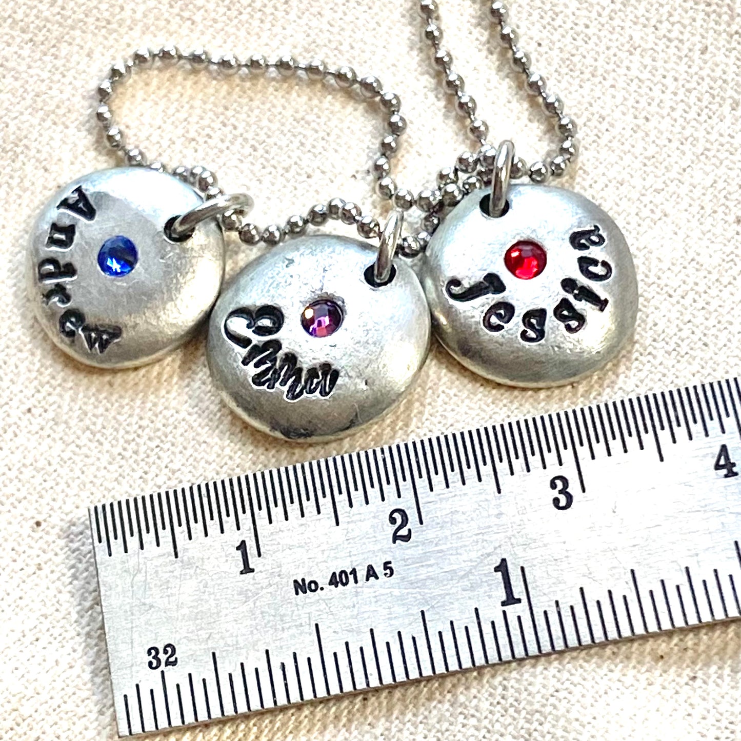 Personalized necklace with kids names and birthstones on pewter pebble charms- Drake Designs Jewelry