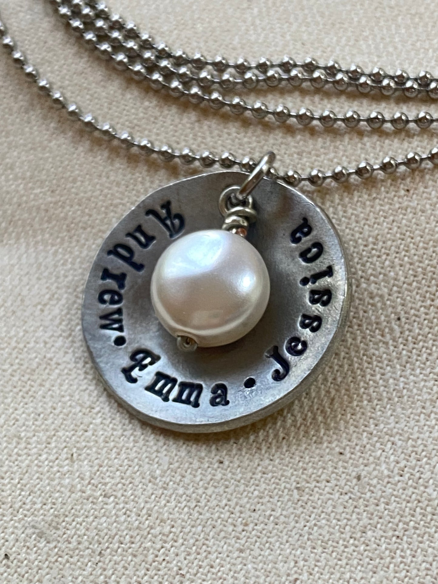 Rustic personalized mom necklace with kids names and pearl - hand stamped jewelry