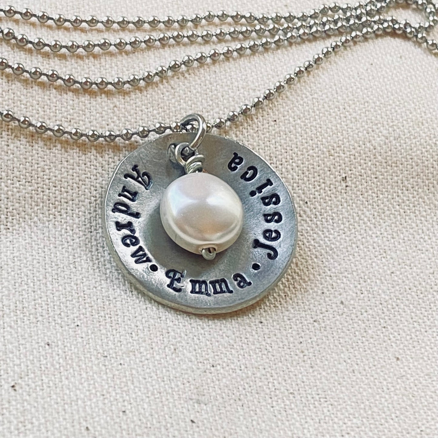 Rustic personalized mom necklace with kids names and pearl - hand stamped jewelry
