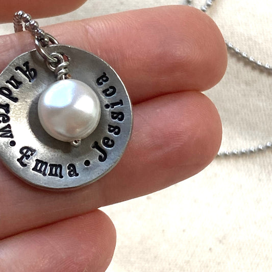 Silver mom necklace with kids names on cupped pendant and pearl bead at center - Drake Designs Jewelry