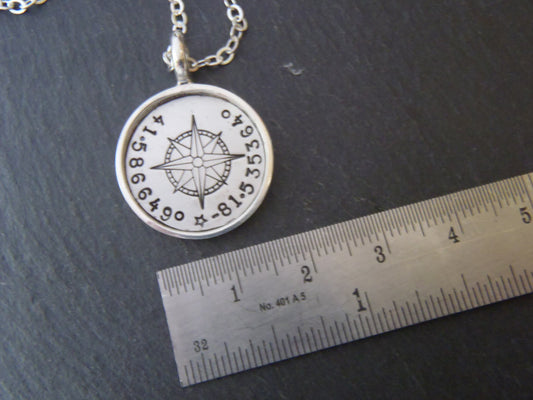 Personalized Compass, Sterling Silver Necklace with Coordinates. Raised Edge Border Pendant