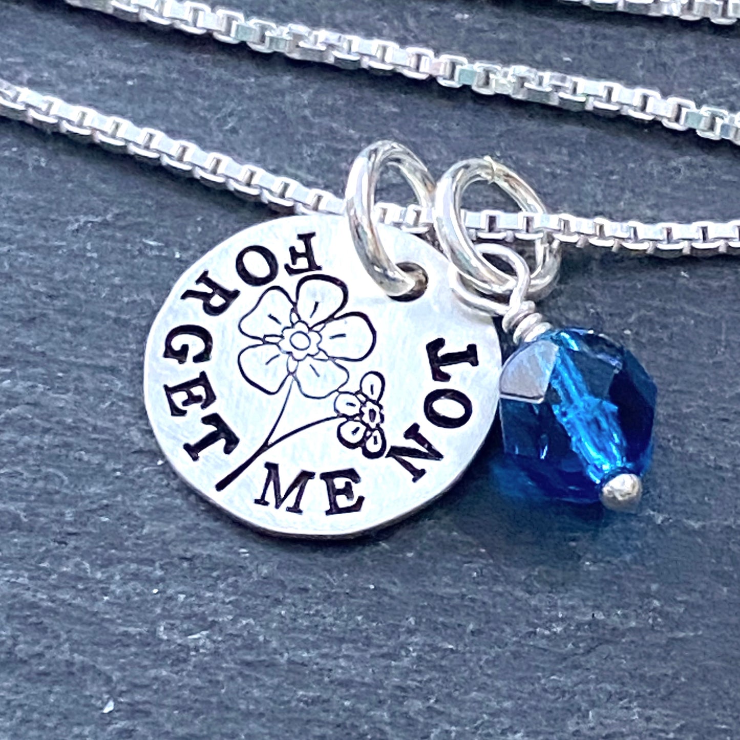 Sterling Silver Forget Me Not Necklace. Hand Stamped Symbol of Remembrance and Love