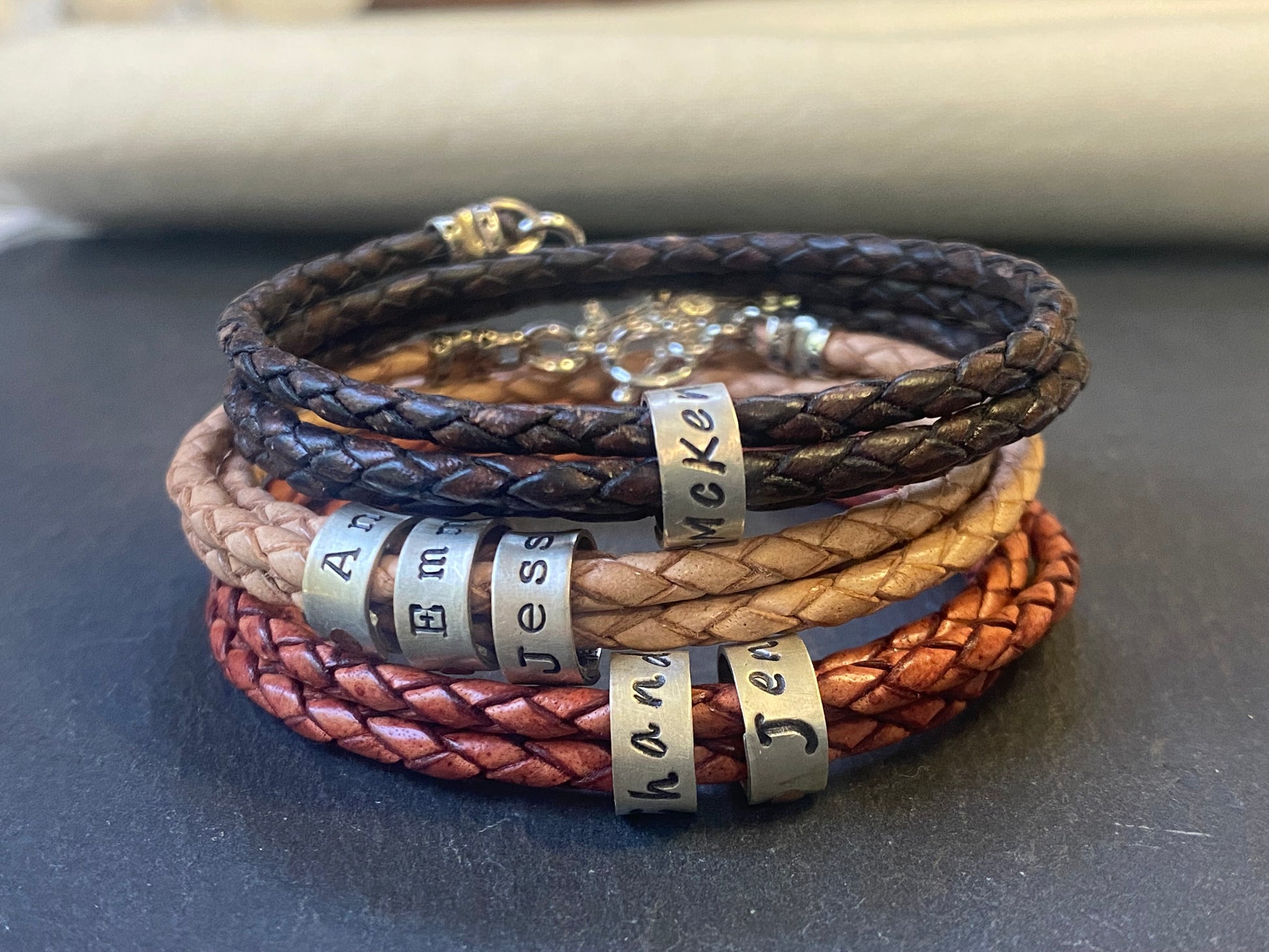triple wrapped leather bracelet with sterling silver name charms and sterling silver toggle clasp. personalized bracelet with kids names - drake designs jewelry