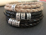 Braided leather mens bracelet personalized with family names.  4mm double wrapped braided leather with sterling silver charms. Unique Fathers Day gift - Drake Designs Jewelry