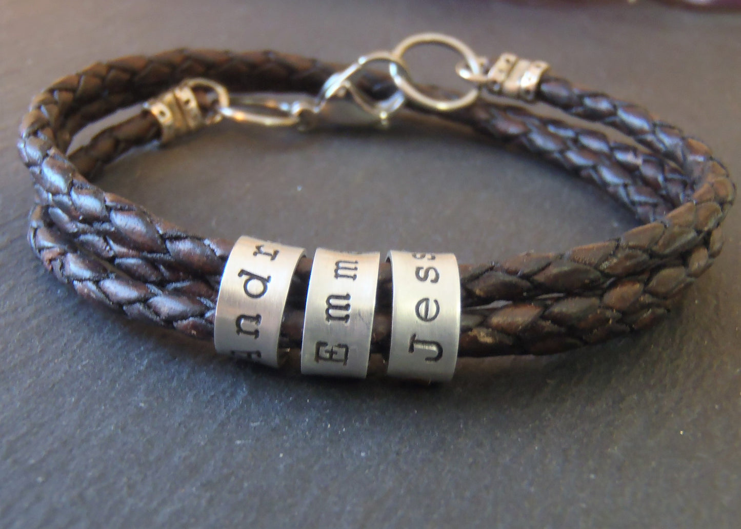 Custom Triple wrapped braided leather bracelet with personalized sterling silver name charms - Drake Designs Jewelry