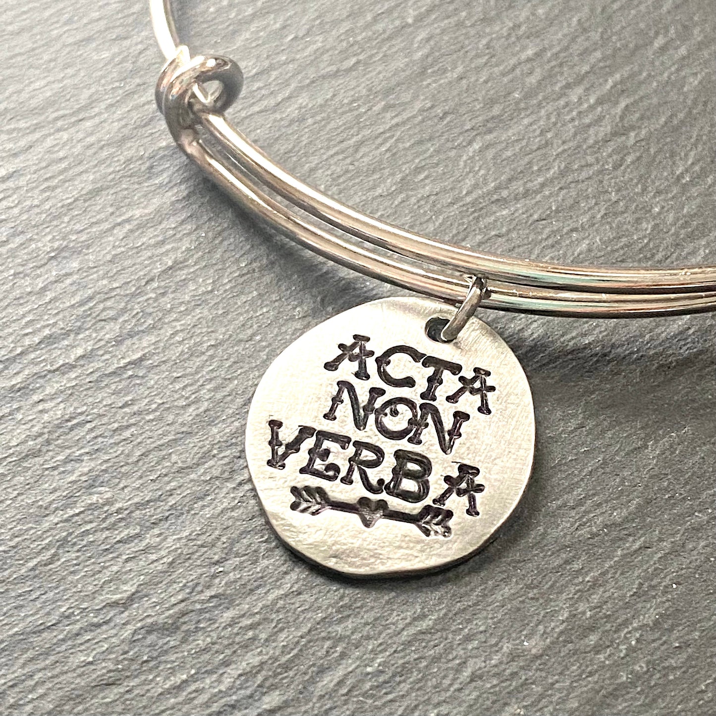 deeds not words acta non verba bracelet - Latin phrase jewelry for her with tattoo font and arrow - drake designs jewelry