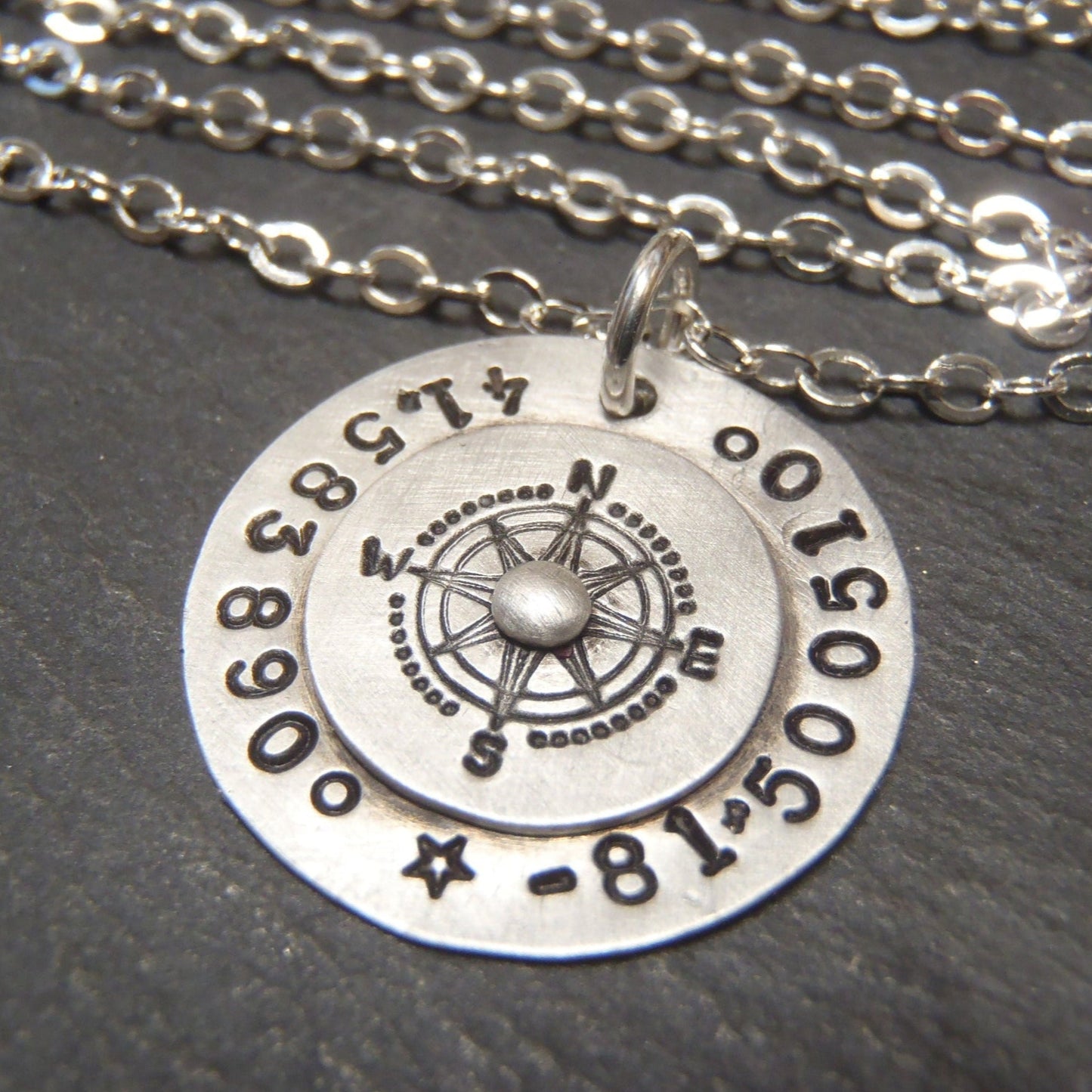 sterling silver compass necklace personalized with gps coordinates -latitude longitude necklace drake designs jewelry