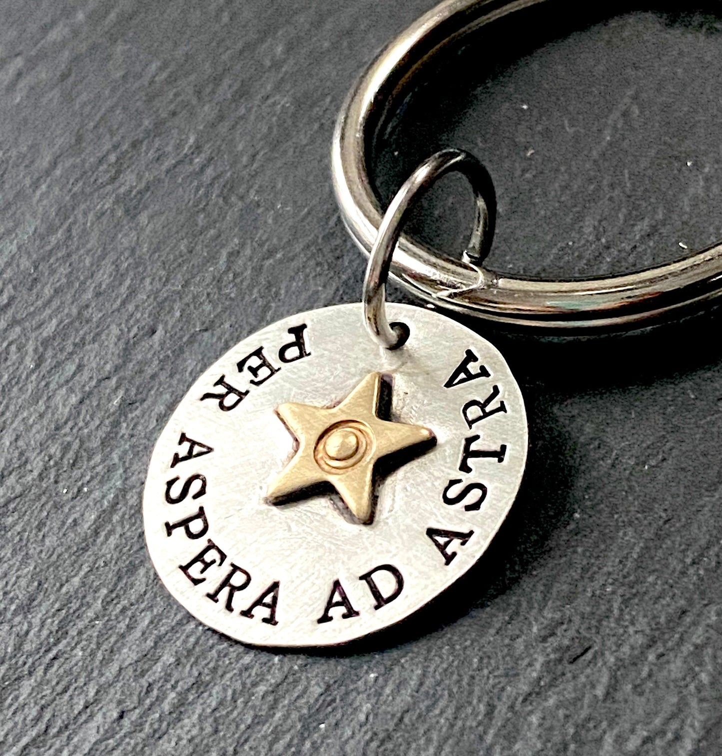 per aspera ad astra through hardships to the stars inspirational latin phrase keychain. hand crafted from sterling silver and golden star. drake designs jewelry