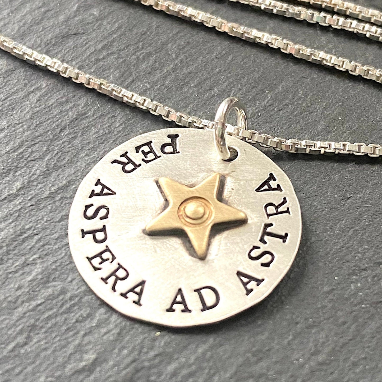 Per Aspera ad Astra. To the stars through hardships. sterling silver hand stamped with gold star Latin phrase necklace. drake designs jewelry