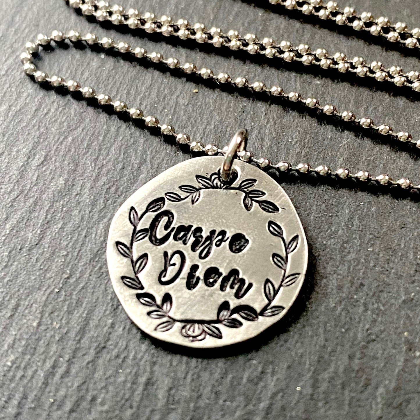 organic pendant with hand stamped leaf border. Carpe Diem necklace. seize the day. drake designs jewelry
