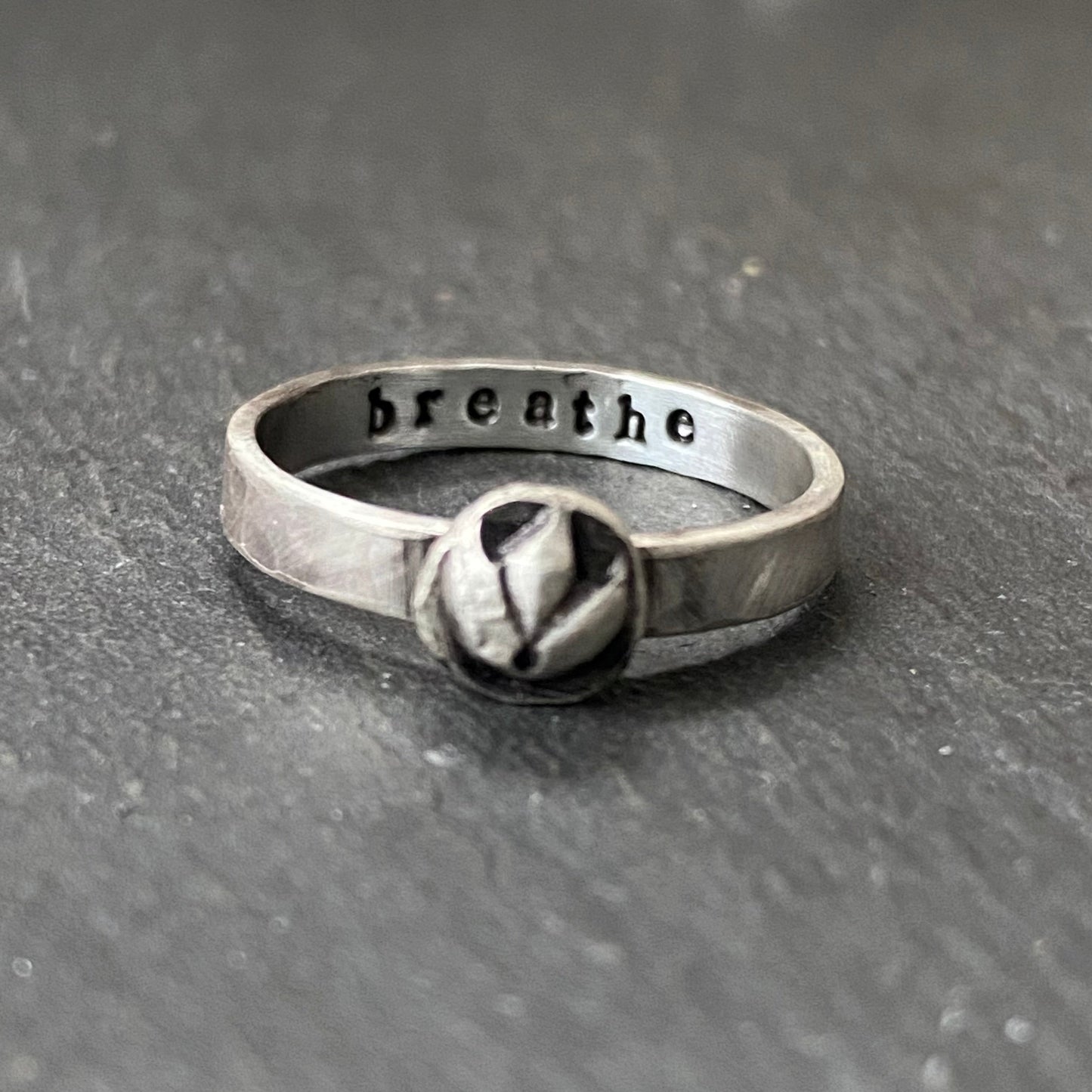 A sterling silver lotus flower stacking ring with 'breathe' hand stamped inside, drake designs jewelry - recycled sterling silver
