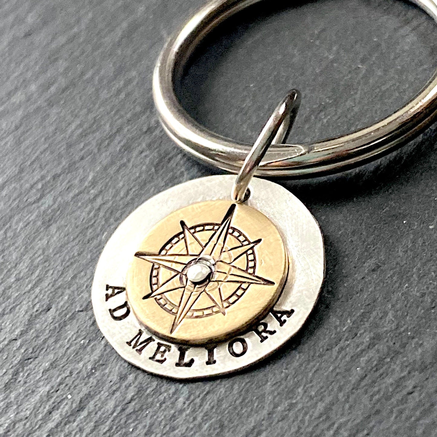 ad meliora Latin phrase keychain. Toward better things inspirational latin quote keychain hand crafted from sterling silver and gold brass. drake designs jewelry