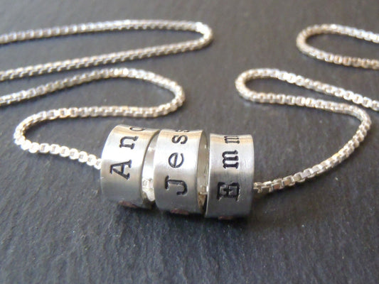 Sterling silver name charm mother's necklace with personalized bead charms hand stamped with names for mom - drake designs jewelry- Drake Designs Jewelry