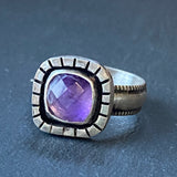 faceted amethyst cushion ring in sterling silver.  raw and organically shaped. drake designs jewelry