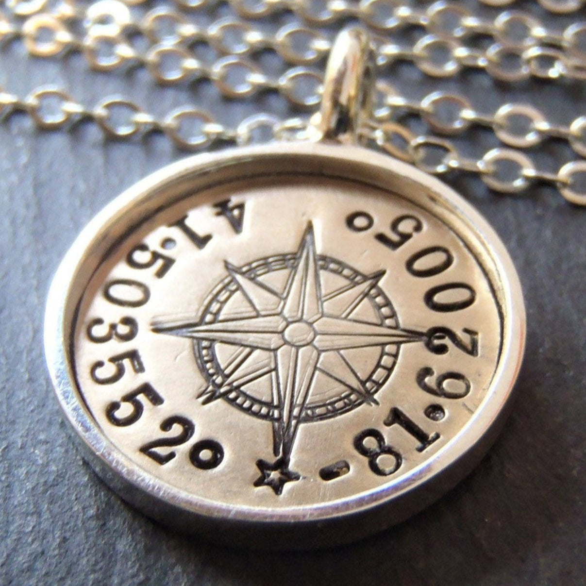 personalized compass, silver and 14k gold fill necklace with coordinates. raised edge border pendant - Drake Designs Jewelry